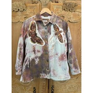 Upcycled Lined Flannel Jacket – Bird +Moth Patch Vintage Lace– Folk Art – Large